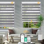 Motorized Zebra Blackout Blinds- Horizontal Roller Shades with Valance, Privacy Light Control Smart Window Blind, Electric Rechargeable Roller Blinds for Home Office, Grey 90% Blackout