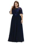 Ever Pretty Women's Short Sleeve Empire Wiast A Line Long Tulle Elegant Plus Size Bridesmaid Dresses Navy Blue 28UK