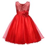 Discoball Girls Princess Dress Sequin Tulle Flower Pageant Birthday Party Wedding Bridesmaid Girl Dresses for 3-12 Years Red