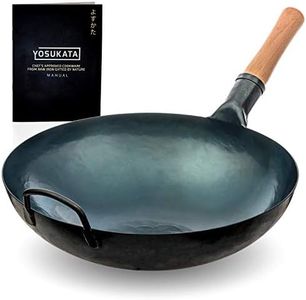 YOSUKATA Blue Round Bottom Wok Pan – 14" Woks and Stir Fry Pans - Chinese Hammered Pow Carbon Steel - Traditional Chinese Japanese Woks (14", Blue)