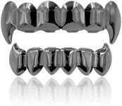 JINAO Black Vampire Fangs Grills for Your Teeth Hip Hop 14K Gold Black Plated Top Bottom Teeth Grillz Set for Men and Women (Black grillz)