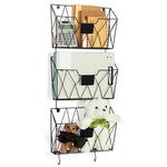 Hanging Wall File Holder Wall Mount Metal Wall File Organizer 3 Pockets Mail Organizer with Hooks for Office Home,Black