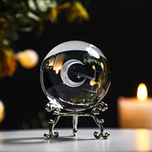 ZEERSHEE 60mm 3D Moon Planet Laser Engraved Crystal Ball Glass Sphere Paperweight Home Art Decor Crafts with Stand