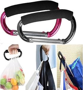 Large Stroller Hooks for Mommy, 2 pcs Carabiner Stroller Hook Organizer for Hanging Purses, Diaper Bag, Shopping Bags. Clip Fits Single/Twin Travel Systems, Car Seats and Joggers (Black+Purple)