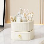 KREPS 360° Rotating Desk Organizer With Drawer, Organizer For Office Supplies Stationery Pens Staplers Clips Sticky Notes Visiting Card, Makeup Brush Holder Makeup Organizer (360 Cream) White