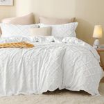 HYMOKEGE Duvet Cover Queen Size, Boho Tufted Queen Duvet Cover 3 Pieces, Soft & Lightweight Shabby Chic, Embroidery Bedding for All Seasons, 1 Duvet Cover 90" × 90" & 2 Pillow Shams, White