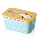 Porcelain Butter Dish with Butter Knife & Wooden Lid, Candiicap Airtight Butter Keeper for Countertop & Home Kitchen Decor, Large Butter Holder for East West Coast Butter(Matte Blue)