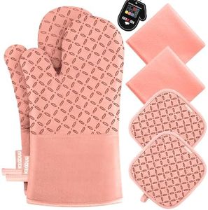 KEGOUU Oven Mitts and Pot Holders 6pcs Set, Kitchen Oven Glove High Heat Resistant 500 Degree Extra Long Oven Mitts and Potholder with Non-Slip Silicone Surface for Cooking (Pink)