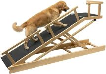 ZENTAVO 6 Level Height Adjustable Dog Ramp for Bed, Couch 65" Foldable Pet Ramp with Non-Slip Mat，DIY Glow Strips & Rest Platform Heavy Duty Dog Stairs for Large Dogs up to 200Lbs ，Wood Color