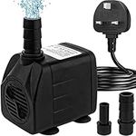 Mini Submersible Water Pump (600L/H, 10W) Adjustable Ultra Quiet Fountain Water Pump for Aquarium, Fish Tank, Pond, Statuary, Hydroponics, Indoor or Outdoor Fountain with 1.5M Power Cord and 2 Nozzles