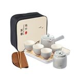 fanquare Chinese Kung Fu Tea Cup Set, Smooth Grey Glaze Ceramic Tea Service, Teapot with Handle and 4 Cups for Travel