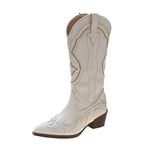 Cowboy Boots for Women Mid-Calf Embroidery Pointed Toe Vintage Slip-On Western Boots Cowgirl Block Heel Classic Rodeo Size 2.5-8 UK (Beige,5.5)