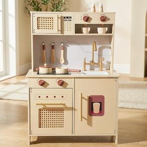 Wooden Vintage Rattan Play Kitchen for Toddlers, Realistic Clicking Sounds, Gold Faucet, Coffee Maker & Cooking Accessories Included, Pretend Play Gift Set for Kids Boys Girls Age 3+
