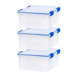 IRIS USA 29.4 L (31 US Qt) Storage Box with Gasket Seal Lid, 3 Pack - BPA-Free, Heavy Duty Moving Containers with Tight Latch, Weather Proof Tote Bin, WEATHERPRO - Clear/Blue