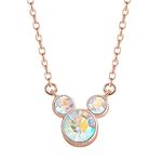 Disney 100 Minnie and Mickey Mouse Aurora Boreal Crystal Necklace 18''+2'', Sterling Silver Necklace Official License, Sterling Silver, Crystal, Pink Mickey