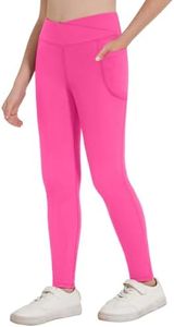 Zaclotre Girls Athletic Leggings Cross High Waisted Yoga Pants for Kids Dance Workout Running Tights with Pockets Hot Pink