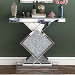 blingworld Console Table Mirrored, Silver Entryway with Diamond Shaped Mirror Finished, 31.5'' Long Accent Narrow Table, Glass Sofa Foyer for Living Room Hallway Entrance