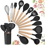 HaWare Silicone Kitchen Utensils Set, 14 PCS Cooking Utensils with Holder Include Spatula, Turner Tongs, Spoon, 446°F Heat Resistant Kitchen Gadgets Tool for Non-Stick Cookware, Wooden Handle (Black)