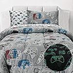 KIDS RULE 7-Piece Gamer Glow in The Dark Comforter Set, withn1 Full Bed Size Comforter, a Fitted, and Flat Sheets, and 4 Pillowcases, Game Controllers Print, Blue, Grey, Gifts for Kids - Full