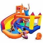 HuaKastro Inflatable Bounce House Water Slide with Blower, 5 in 1 Backyard Water Park W/ Climbing Wall, Splash Pool, Jumping Castle, Water Slide, Cannon, Bucket Dump for Indoor Outdoor Parties