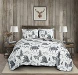 Chezmoi Collection Denver 3-Piece Southwestern Lodge Quilt Set Full - White Black Gray Grizzly Bear Wolves Moose Pine Tree Mountain Printed Microfiber Lightweight Bedspread Set for All Season