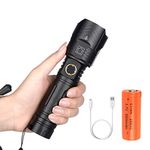 LED Torch Rechargeable Super Bright, Battery Powered Handheld Torch with 5 Modes, Powerful XHP100 LED Tactical Flashlight Waterproof for Emergencies Camping Gift