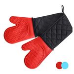 Alimat PluS Double Oven Gloves Mitts - Heat Resistant Silicone Oven Gloves Non-Slip with Cotton Lining for Kitchen, Baking, Cooking, Microwave (Red)