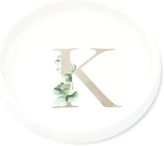 Trinket Tray Jewelry Dish with Monogrammed K in Gold Ring Holder - White Trinket Dish - Personalized Ring Dish or Jewelry Tray - Cedar & Ink (K)