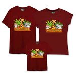 Bouncy Toonz Family Dress Set Matching 3 Husband Wife Matching Clothing T Shirts for 3 Mom Dad Son Daughter Outfit Twinning Clothes for Mother Father Kids Child - (intothewild-maroon-3pcs)