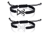 XUANPAI Set of 2 Two-Tone Sigil of Lucifer Seal of Satan Symbol Black Stainless Steel Talisman Braided Bangle Bracelet Rope Bracelet for Men Women