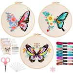 OFFIZON 3 PCS Embroidery Kit for Beginners - Cross Stitch DIY Craft Set, Embroidery Accessories & Hoop Included, Hand Embroidery Kit for Adults Stitching Sewing Kit Gift | ButterflyA Patterns