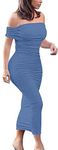 GOBLES Women's Ruched Off Shoulder Short Sleeve Bodycon Midi Elegant Cocktail Party Dress, Light Blue, S