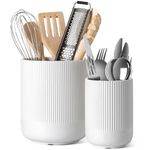 LE TAUCI Utensil Holder, 7.3"+5.4" Ceramic Kitchen Utensil Holder for Countertop, Large Cooking Utensil Crocks for Kitchen Counter, Morden Utensil Organizer for Spatula, Kitchen Decor, Set of 2, White