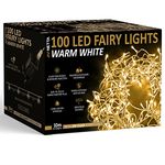 Christmas Tree Lights 100 LED 10m Lit Length Warm White with Clear Cable - Fairy String Party Lights Plug in with Memory Functions, 10cm Bulb Distance - Suitable for Outdoor/Indoor Use