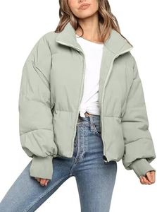 Flygo Womens Winter Coats Puffy Jacket Long Sleeve Zip Stand Collar Short Warm Quilted Jackets(LightGreen-XS)