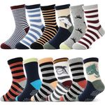 Baby Boys Grips Socks Kids Boys Toddlers Anti Skid Non Slip Crew Fun Cotton Gifts Stocking Stuffers Socks 12 Pairs(Brown Striped,5-8 Y)