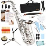 Kmise E Flat Alto Saxophone, Lightweight Saxophones for Students Beginner, Saxofon Full Kit with Portable Case, Sax Stand, Strap, Reeds, Beginner's Guides, Mute, Cleaning Kit (Nickel Plated)