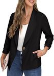 GRECERELLE Womens Blazer Suit Open Front Cardigan Ruched Sleeve Work Office Blazer Jacket with Buttons Pockets, 01 Black, 12-14