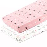 Stretchy Fitted Pack n Play Playard Sheet Set-Brolex 2 Pack Portable Mini Crib Sheets,Convertible Playard Mattress Cover,Ultra Soft Material,Pink & White Arrow Design