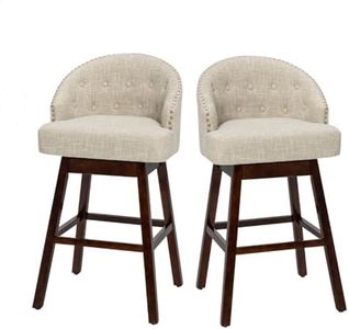 GiantexUK Set of 2 Bar Stools, Upholstered Swivel Kitchen Barstools with Padded Backrest & Rubber Wood Legs, Breakfast Stools for Living Room, Dining Room and Office