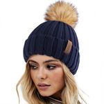 FURTALK Winter Hats for Women Double Layer Fleece Line Beanie Hat with Bobble Pom Pom Hats Navy Blue