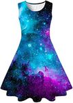 uideazone Summer Dress for Girls Crewneck Slim Fit Knee-Length A-Line Sundress Starry Sky Pleated Swing Dress for Party Beach Camping Size 10-12