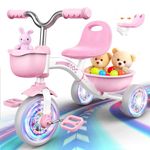HappyGoLucky Pink Tricycles Toys for 2-5 Year Old Girls Gifts, Balance Bike 2-5 Year Old with 3 Colorful Lighting Wheels & Adjustable Seat, Baby Toddler Cycle Trikes Bike Girls Easter Toys for Kids