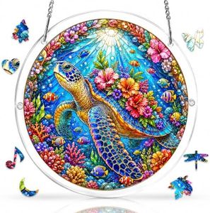 Jollitot Acrylic Puzzle for Adults, Stained Glass Sea Turtle Style Acrylic Jigsaw Puzzle Suncatcher with Irregular Pieces, Window Hanging Sun Catcher, Art Home Decor Gift for Women Mom 11.4in