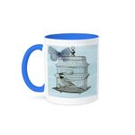 3dRose Butterfly Cage with Bird Vintage-Two Tone Blue Mug, Ceramic, 10.16 x 7.62 x 9.52 cm