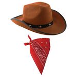 COWBOY FANCY DRESS ACCESSORY SET COSTUME BROWN STAR STUDDED COWBOY HAT & COLOURED PAISLEY BANDANA WILD WEST WESTERN SHERIFF BANDANNA ILOVEFANCYDRESS® (RED BANDANA - PACK OF 1)