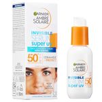 Garnier Ambre Solaire Sun Cream SPF 50+ Super UV Invisible Serum Moisturiser for Face, High Protection Against UVA & UVB, For all Skin Types, With Hyaluronic Acid, Vitamin E & Ceramides, Vegan, 30ml