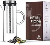 Hydracy Glass Infusion Carafe 1.5L with Handle- Cafetières Hot Coffee Server - Iced Coffee & Iced Tea Jug with Stainless Steel Lid and Filter - Extra Fruit Infusion Tube - Dishwasher Safe Pitcher