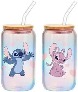 Silver Buffalo Disney Lilo and Stitch Featuring Angel Valentine's Day Couple 2 Pack Iridescent Glass Jar Tumbler with Bamboo Lid and Glass Straw, 16 Ounces