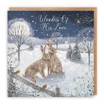 Hunts England - Individual Luxury Christian Religious Christmas Card - Wonders Of His Love - 'Snowy Hares' - Milo's Gallery Collection - May God Bless You At Christmas Time And Always